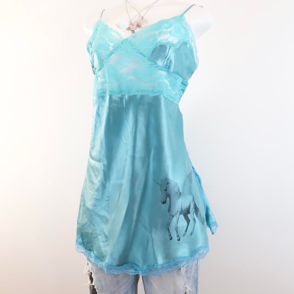 y2k blue unicorn satin slip dress lace lingerie fairycore mini dress